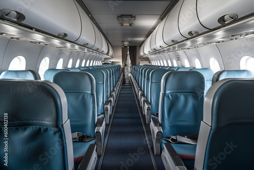 Interior of an empty modern airplane cabin in blue color, Generative AI 1