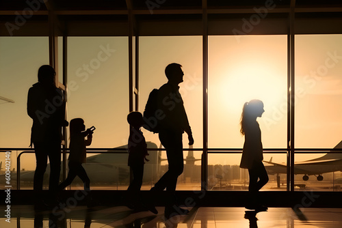 Silhouettes of people at the airport, the family is going to board the plane, Generative AI