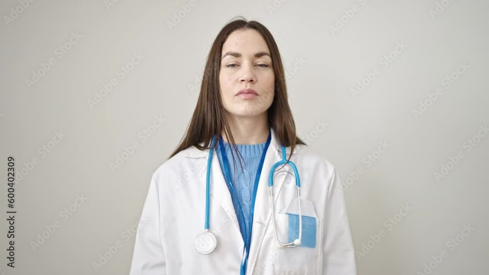 Young caucasian woman doctor saying no with finger over isolated white background Young caucasian woman doctor saying no with finger over isolated white background