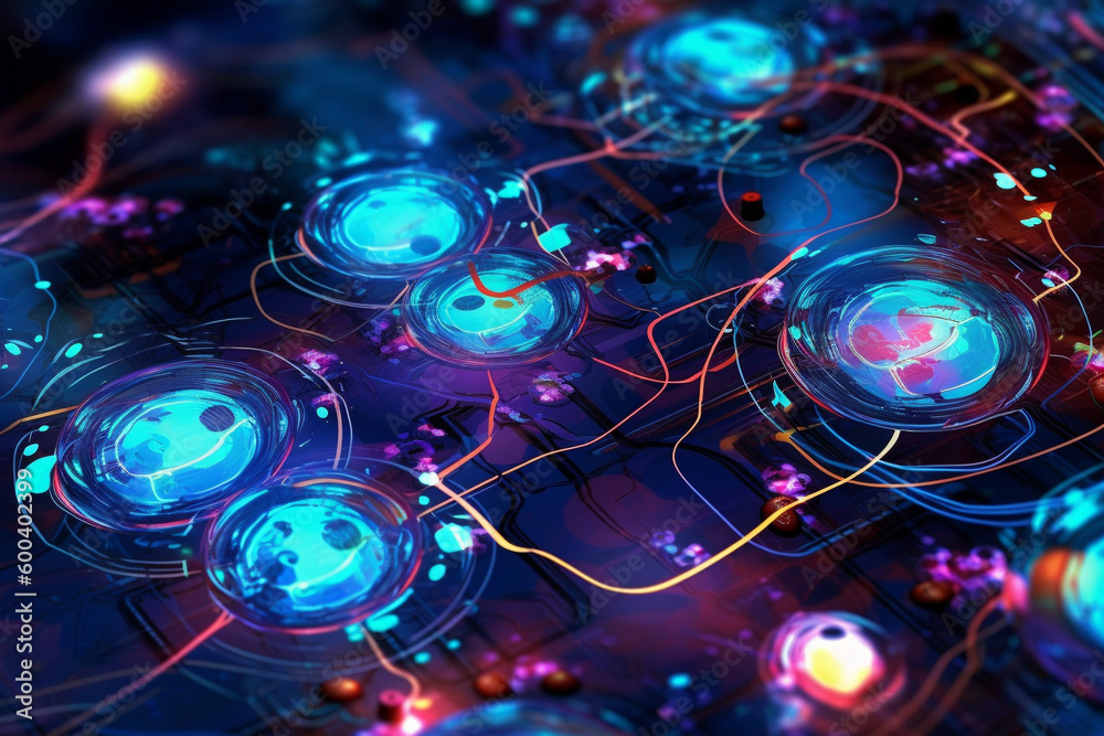 Futuristic tech background with glowing bioluminescent elements, circuitry, and microchips. Ai generated Futuristic tech background with glowing bioluminescent elements, circuitry, and microchips. Ai generated