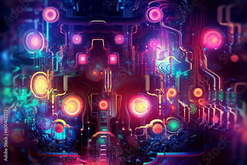 Futuristic tech background with glowing bioluminescent elements, circuitry, and microchips. Ai generated © twindesigner