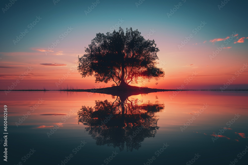 Fototapeta premium Tree standing in the water during a breathtaking sunset, with its reflection creating a sense of calm and tranquility. Ai generated