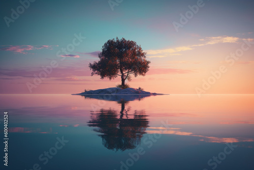 Tree standing in the water during a breathtaking sunset  with its reflection creating a sense of calm and tranquility. Ai generated