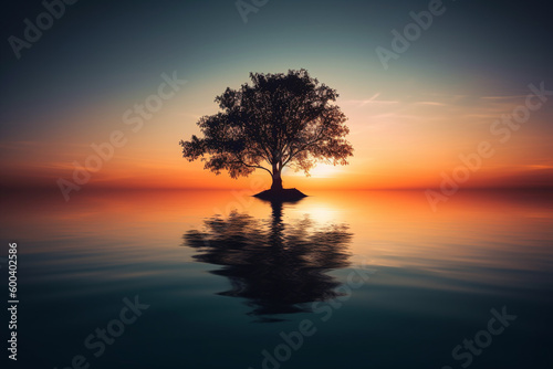 Tree standing in the water during a breathtaking sunset, with its reflection creating a sense of calm and tranquility. Ai generated