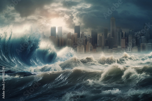 The Wrath of Nature: A Giant Tsunami Wave Approaches a City. Ai generated