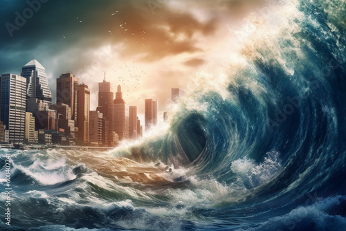 The Wrath of Nature: A Giant Tsunami Wave Approaches a City. Ai generated