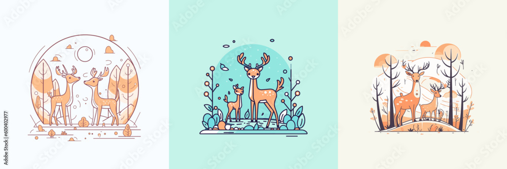 Cute Deer in forest set collection kawaii cartoon illustration