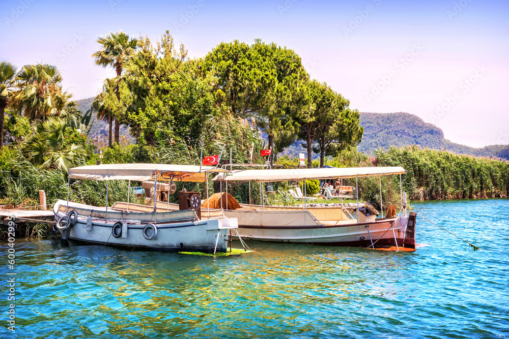 Pleasure boats on the river, Dalyan river, Lycian tombs, Mediterranean sea, Marmaris, Turkey