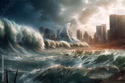 The Wrath of Nature: A Giant Tsunami Wave Approaches a City. Ai generated