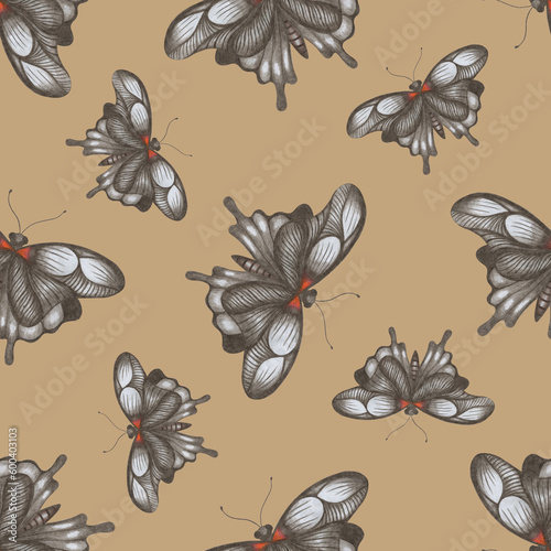 Hand-Drawn Seamless Pattern of Black and White Butterflies of Various Sizes on Brown Backdrop. © Irinka Dimkovna