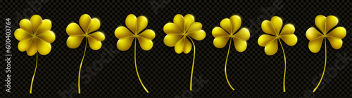 3d gold shamrock St Patrick day leaf clover set isolated on transparent background. Realistic lucky irish four leaves golden grass various design clipart. Ireland celebration celtic symbol collection