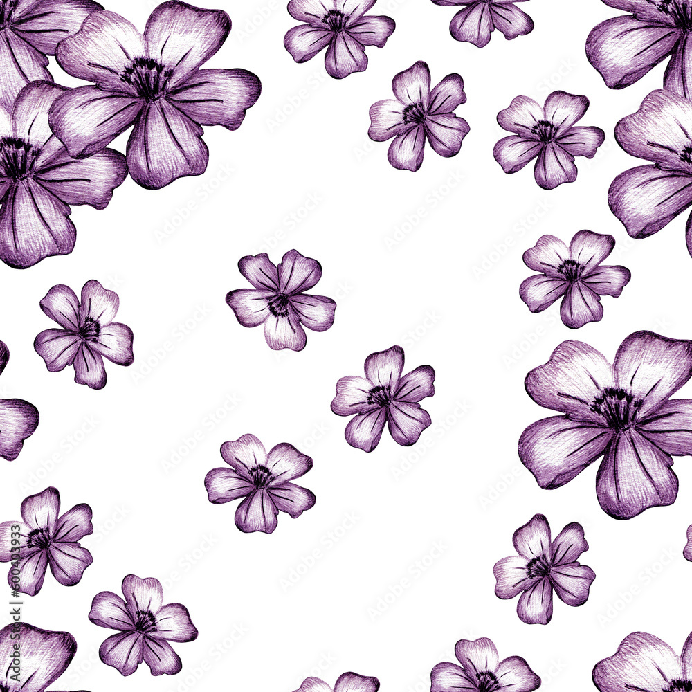 Seamless Pattern with Hand-Drawn Pink Flower. White Background with Thin-leaved Lavender Marigolds for Print, Design, Holiday, Wedding and Birthday Card. Seamless Pattern with Hand-Drawn Pink Flower. White Background with Thin-leaved Lavender Marigolds for Print, Design, Holiday, Wedding and Birthday Card.