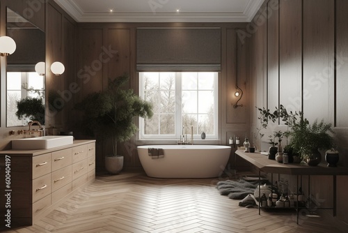 Contemporary bathroom with soft muted colors. Generative AI