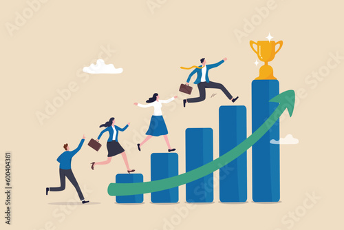 Tela Growth to success, team achievement or teamwork to achieve target, career development or business strategy to win or victory, growing business concept, business people running up graph to trophy