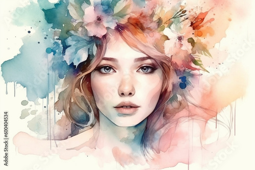A Watercolor Portrait of a Beautiful Woman. Delicate beauty of a woman with flowers in her hair watercolor aquarella style. Ai generated