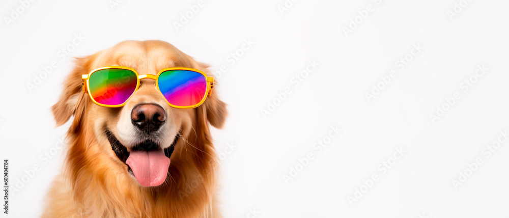 A cute Golden Retriever dog wearing sunglasses on white background with copy space.