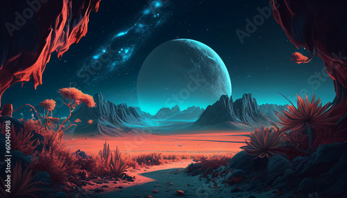 The neon alien landscape sets the tone for the space game background  Generative AI