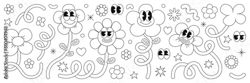 Retro cartoon flower character sticker pack. Groovy funky comic daisy flower with eyes and abstract cloud shapes in trendy retro cartoon style. Vector illustration with wavy spiral and loop elements.