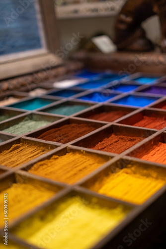 colorful poudre for painters in wooden support