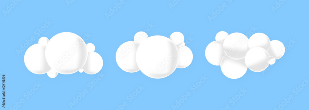 White 3D clouds isolated on a blue background. Soft round icon of fluffy clouds in the blue sky. Vector Illustration.