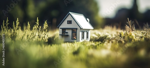 real estate tilt-shift photography of a cute tiny house in grass with sunny summer background. generative ai