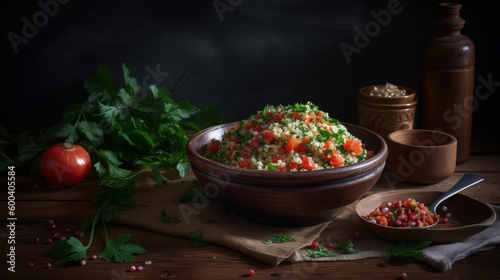 Tabbouleh - Middle Eastern salad with bulgur  parsley  and tomatoes. Generative AI Art Illustration