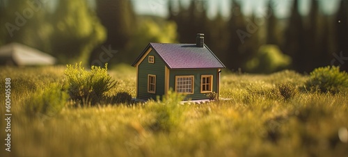real estate tilt-shift photography of a cute tiny house in grass with sunny summer background. generative ai