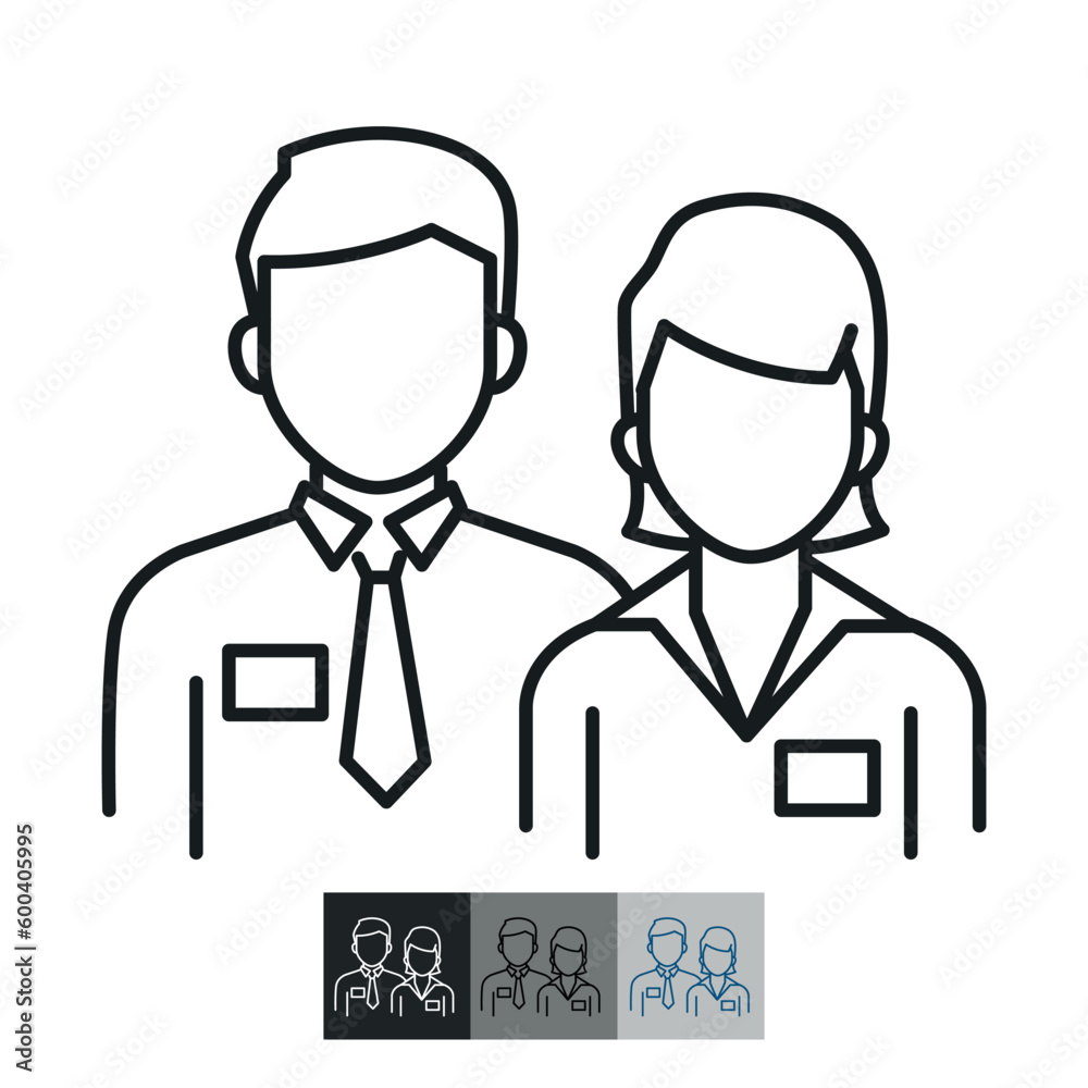 Man and woman in uniform. Official business representatives. Contour symbol. Vector isolated outline drawing.