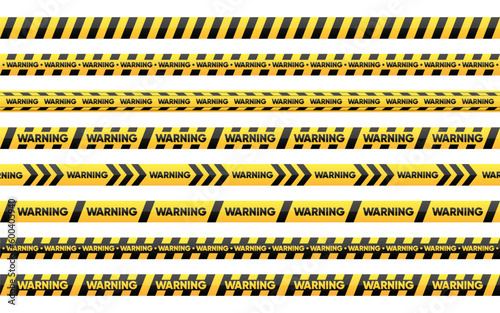 Stripes of black and yellow. Set of seamless danger warning tapes. Abstract warning lines for danger, police and caution. Line art design of crime scenes. Vector Illustration. © StarGraphic