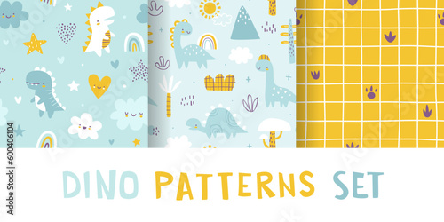 Cute jurassic pattern set with dino. Seamless scandinavian vector print collection with abstract dinosaurs for baby textile and fabric.