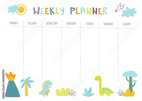 Scandinavian weekly planner with dino for children. Jurassic design of timetable for kids.