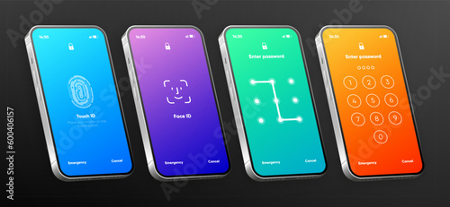 Screen lock authentication password smartphone template. Phone ID recognition screen lock password or lock screen passcode numbers display. Phone lock screen. Vector illustration.