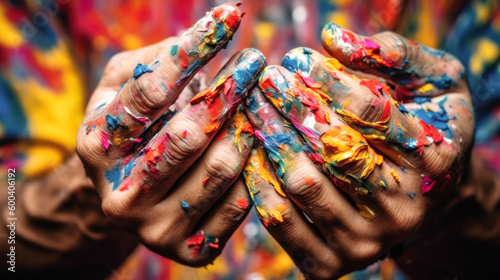 Artistic hands, Covered in vibrant paint, weave a tale of creativity as they skillfully craft the latest masterpiece, each stroke telling a story. Generative AI
