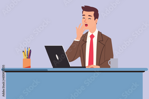 Yawning at work and suited person yawning at office with working at workplace in laptop for dizziness and nap at work. Yawning person sitting on chair with laptop and suited person working in laptop