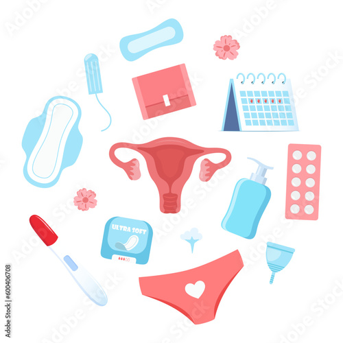 Womans health concept. Menstruation, period, female uterus, reproductive system. Woman, pregnancy test, tampon, calendar, womb, pads, menstrual cup, pants. Vector illustration.