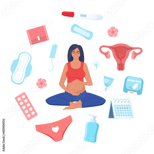 Womans health concept. Pregnancy, menstruation, period, female uterus, reproductive system. Pregnant woman, pregnancy test, tampon, calendar, womb, pads, menstrual cup, pants. Vector illustration.