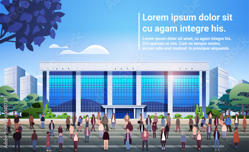 multiethnic people group standing near governmental or business center building mix race men women crowd walking city street