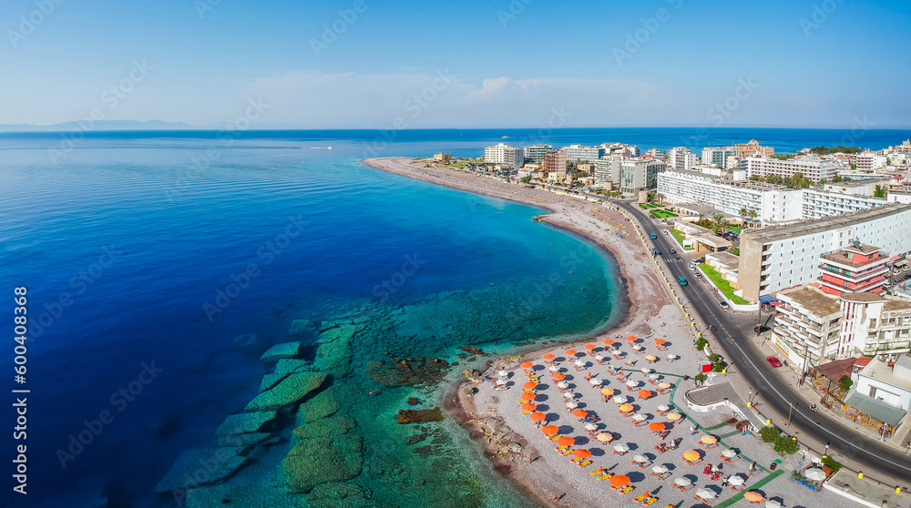 Sea and Elli beach, Rhodes, Dodecanese, Greece, Europe. Summer travel
