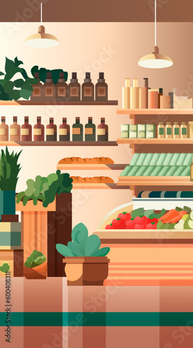 grocery supermarket with products shelves retail consumerism concept modern store interior vertical