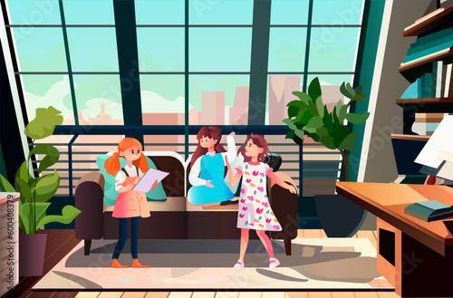 schoolchildren in front of desktop computer at home desk children group doing homework at workplace living room interior