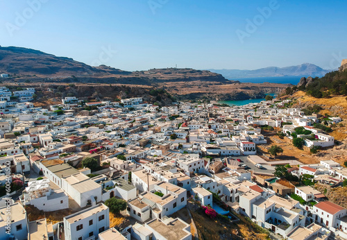 Aerial view village Lindos and castle, Rhodes island, Greece, Europe