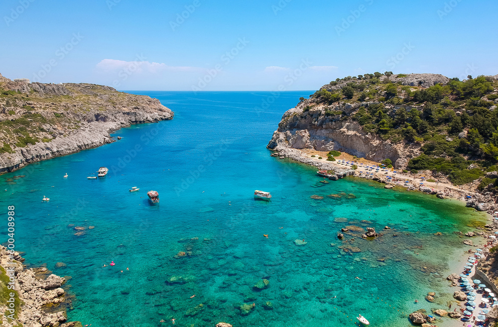 Sea view and beach in Anthony Quinn bay, Rhodes island, Greece, Europe