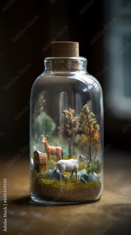 Little world with animals inside a water glass. Beautiful illustration picture. Generative AI Little world with animals inside a water glass. Beautiful illustration picture. Generative AI