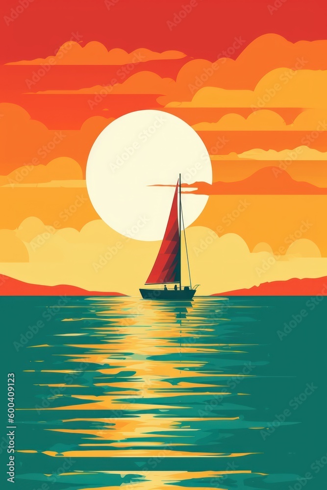 Naklejka premium Minimalistic colorful modern artwork of a sailboat. Beautiful illustration picture. Generative AI