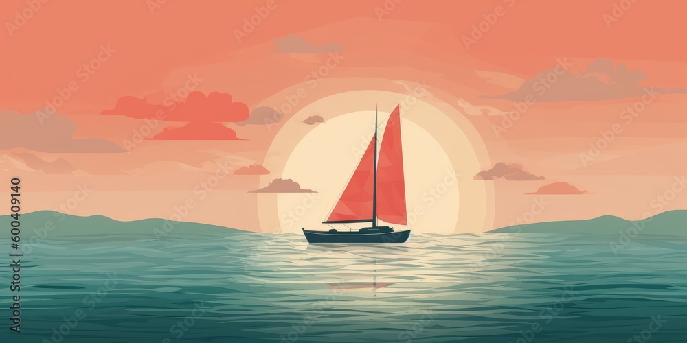 Minimalistic colorful modern artwork of a sailboat. Beautiful illustration picture. Generative AI