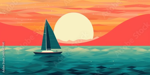 Minimalistic colorful modern artwork of a sailboat. Beautiful illustration picture. Generative AI