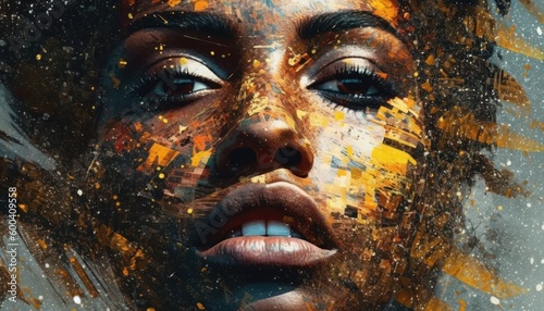 Black ethnicity. Abstract portrait of woman. Gold colored. Beautiful illustration picture. Generative AI