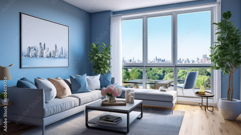 Fototapeta premium Serene Blue Living Room with Scenic View. Generative AI