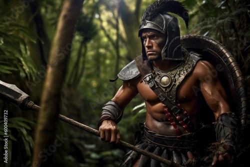 Lifelike portrait of ancient warrior that is in armor in the forest. Beautiful illustration picture. Generative AI