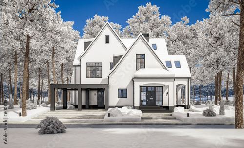 Fototapeta Naklejka Na Ścianę i Meble -  3d rendering of cute cozy white and black modern Tudor style house with parking  and pool for sale or rent with beautiful landscaping. Fairy roofs. Cool winter day with shiny white snow.
